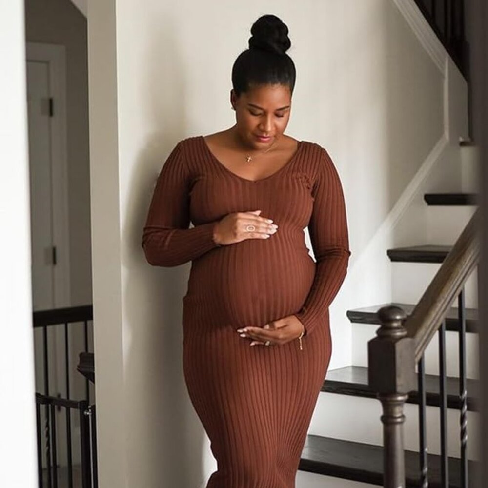 Maternity Dress Long Sleeve V Neck Knit Stretchable Sweater Material